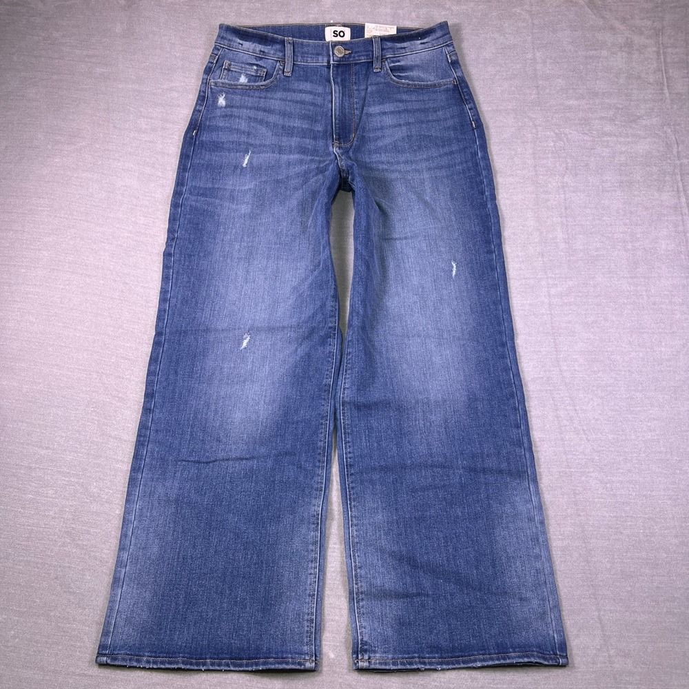 SO High Rise Wide Leg Superstretch Distressed Jeans Juniors 13‎ Medium Wash Blue
